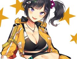  black_hair black_sports_bra blush breasts cleavage commentary cropped_jacket female hair_ornament hair_scrunchie hayase_sou hayase_sou_(1st_costume) jacket jewelry kotobuki_(medetai) large_breasts long_sleeves looking_at_viewer navel necklace nijisanji open_mouth purple_eyes scrunchie short_hair side_ponytail smile solo sports_bra star_(symbol) upper_body virtual_youtuber yellow_jacket 