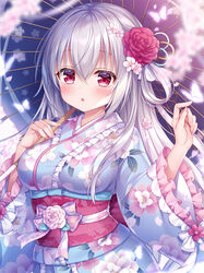  :o albino blue_kimono blue_umbrella blurry blurry_foreground blush breasts commentary_request depth_of_field female floral_print flower frilled_kimono frilled_sleeves frills grey_hair hair_between_eyes hair_flower hair_ornament hair_rings holding holding_umbrella japanese_clothes kimono kyuketsuki-chan_(mitsuba_choco) long_hair long_sleeves looking_at_viewer medium_breasts mitsuba_choco obi oil-paper_umbrella original parted_lips petals pink_flower pink_rose print_kimono red_eyes red_flower red_rose rose sash solo umbrella upper_body very_long_hair wide_sleeves 