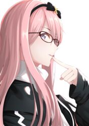  1boy absurdres androgynous bespectacled black_jacket borumete check_commentary closed_mouth commentary_request finger_to_mouth from_side glasses hairband highres holostars jacket long_hair male_focus otoko_no_ko pink_hair purple_eyes simple_background sleeves_past_wrists solo tsukishita_kaoru turtleneck upper_body virtual_youtuber white_background 