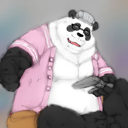  1:1 2021 anthro bear belly black_body black_fur black_nose bottomwear clothed clothing controller eyewear fur game_controller giant_panda glasses hat headgear headwear kemono laohu male mammal moobs open_clothing open_shirt open_topwear overweight overweight_male shirt shorts simple_background sitting solo topwear white_body white_fur 