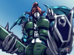  abs anthro armor bandai_namco digimon digimon_(species) gun male muscular muscular_anthro muscular_male paildramon pecs ranged_weapon solo spikes taqrider weapon wings 