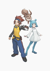  1boy absurdres bad_id bad_pixiv_id black_footwear black_shirt blue_hair blue_legwear blue_pants blush brother_and_sister brown_hair closed_mouth commentary double_bun dress eevee fanny_pack female gloves goggles goggles_around_neck green_eyes hair_bun hairband highres holding holding_poke_ball jovi_(pokemon) kazuko_(towa) long_sleeves michael_(pokemon) pants pantyhose parted_lips poke_ball pokemon pokemon_(creature) pokemon_xd shirt shoes short_hair siblings single_glove smile spiked_hair standing vest white_dress yellow_vest 