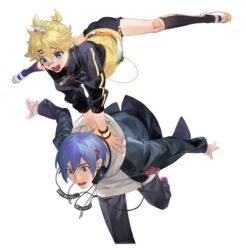  2boys aqua_eyes bandaid bandaid_on_face bandaid_on_knee bandaid_on_leg bandaid_on_nose black_jacket black_legwear black_pants blonde_hair blue_eyes blue_hair cable falling glasses hair_ornament hairclip hands_on_another&#039;s_back headphones headphones_around_neck hood hoodie hopping jacket kagamine_len kaito_(vocaloid) kneehighs leap_frog male_focus multiple_boys naoko_(naonocoto) open_mouth outstretched_arms outstretched_legs pants project_diva_(series) red-tinted_eyewear school_uniform_parka_(module) short_ponytail shorts smile socks spiked_hair stylish_energy_(module) surprised tinted_eyewear track_jacket v-shaped_eyebrows vocaloid white_footwear white_hoodie 