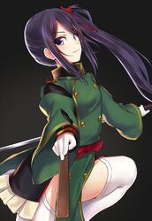  black_background black_hair buttons closed_mouth commentary double-breasted female frills gloves hair_between_eyes hair_ornament hand_fan highres holding holding_fan kurofuti long_hair long_sleeves looking_at_viewer military military_uniform purple_eyes red_sash sash shichiseiken_(tenka_hyakken) side_ponytail side_slit smile solo tenka_hyakken thighhighs uniform v-shaped_eyebrows white_gloves white_thighhighs wide_sleeves 