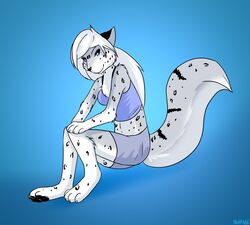  2019 aged_up anthro blue_eyes bottomwear chest_tuft clothing digitigrade felid female fur grey_body grey_fur hair hi_res keidran maeve_(twokinds) mammal markings pantherine pawpads ruth66 shorts simple_background smile snow_leopard solo spots spotted_body spotted_fur tuft twokinds white_body white_fur white_hair 