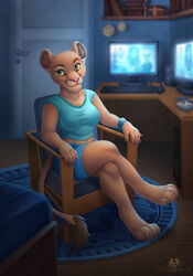  2019 4_toes 5_fingers anthro anthrofied arms_bent barefoot bent_legs biped blue_bottomwear blue_clothing blue_eyes blue_rug blue_shirt blue_shorts blue_tank_top blue_topwear book bottomwear breasts brown_eyebrows chair circle_rug clock clothed clothing colored_nails computer computer_monitor computer_mouse crossed_legs cutoffs denim denim_bottomwear denim_clothing desk detailed detailed_background digital_media_(artwork) digitigrade disney dolphydolphiana door electronics eyebrows feet felid female fingers floor fully_clothed fur furniture game_boy game_boy_cartridge game_boy_console game_boy_family game_cartridge game_console game_media grey_nails handheld handheld_console humanoid_hands inner_ear_fluff lion mammal midriff monitor nails nala_(the_lion_king) narrow_tail nintendo nintendo_console over_edge pantherine pattern_rug pink_nose relaxing resting_arms rug screen shelf shirt shorts signature sitting snout solo storage_media table tail tail_over_edge tan_body tan_ears tan_fur tan_tail tank_top the_lion_king thin_tail toes topwear tuft watch wood wood_chair wood_desk wood_floor wood_furniture wristwatch yellow_sclera 