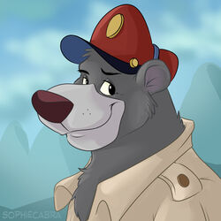  1:1 2015 anthro baloo bear bust_portrait clothed clothing disney eyebrows fur grey_body grey_fur hat headgear headwear looking_aside male mammal outside portrait raised_eyebrow red_nose sloth_bear smile solo sophiecabra talespin ursine 