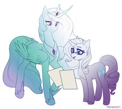  absurd_res alicorn cat_eye_glasses crown duo equid equine eyewear female feral friendship_is_magic glasses hasbro headgear helemaranth hi_res horn mammal my_little_pony mythological_creature mythological_equine mythology paper princess_celestia_(mlp) rarity_(mlp) regalia standing unicorn wings 