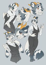  2019 5_fingers anthro breasts clothed clothing digital_media_(artwork) eyebrows eyelashes felid feline female fingers grey_background horn mammal okithau simple_background 