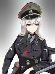  commentary_request cross epaulettes female girls&#039;_frontline grey_background grey_necktie gun hat highres holster iron_cross kar98k_(girls&#039;_frontline) long_hair looking_away medal military military_hat military_uniform nazi necktie peaked_cap photoshop_(medium) pk-971 red_eyes reichsadler shirt solo ss_insignia totenkopf uniform waffen-ss weapon white_hair world_war_ii 