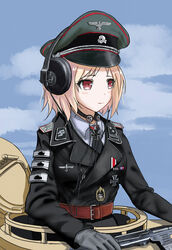  absurdres belt black_necktie blonde_hair blue_shirt blush brown_belt chinese_commentary commentary_request cross epaulettes female girls&#039;_frontline gloves grey_gloves gun hat headphones headphones_over_headwear highres iron_cross jacket looking_away medal medium_hair military military_hat military_jacket military_uniform military_vehicle motor_vehicle mp40 mp40_(girls&#039;_frontline) necktie peaked_cap photoshop_(medium) pk-971 red_eyes reichsadler shirt solo ss_insignia sturmgeschutz_iii submachine_gun tank throat_microphone totenkopf uniform waffen-ss weapon world_war_ii 