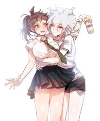  2girls :d ahoge blush bottle breasts brown_eyes brown_hair can chains collared_shirt commentary_request cowboy_shot danganronpa_(series) danganronpa_2:_goodbye_despair dress_shirt genderswap_(mtf) green_necktie gwanlamcha highres hinata_hajime holding hug komaeda_nagito korean_commentary large_breasts medium_hair multiple_girls necktie open_mouth pleated_skirt ponytail rule_63 school_uniform shirt shirt_tucked_in short_sleeves simple_background skirt smile white_background white_hair yuri 