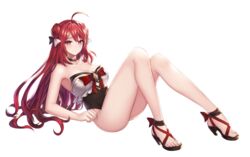  ahoge armpits bare_shoulders blush breasts choker cleavage cross-laced_footwear double_bun erze_(king&#039;s_raid) feet female full_body hair_between_eyes hair_bun hair_ribbon king&#039;s_raid knees_up large_breasts long_hair looking_at_viewer official_art one-piece_swimsuit red_eyes red_hair red_nails ribbon sandals slit_pupils smile solo strapless strapless_one-piece_swimsuit swimsuit transparent_background vampire 