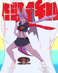  4:5 absurd_res anthro bat_pony bat_wings breasts chapaevv clair_de_lune_(mlp) clothing crossover digital_media_(artwork) equid fan_character female first_person_view hasbro hi_res kill_la_kill looking_at_viewer mako_mankanshoku mammal melee_weapon membrane_(anatomy) membranous_wings my_little_pony ryuko_matoi scissors simple_background smile solo studio_trigger topwear weapon wings 