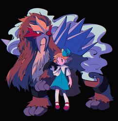  aqua_dress arm_at_side black_background dress entei eyelashes female hair_ribbon hand_up highres molly_hale ok_ko19 orange_hair pokemon pokemon_(anime) pokemon_(classic_anime) pokemon_(creature) pokemon_3:_the_movie_-_spell_of_the_unown:_entei red_footwear ribbon shoes short_hair socks white_legwear 