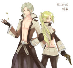  1boy back-to-back bangs black_gloves black_pants blonde_hair breasts brown_coat closed_mouth coat coin_flip commentary_request cowboy_shot crop_top eyebrows_visible_through_hair female gloves green_eyes green_hair grey_eyes gun gunslinger_(ragnarok_online) handgun holding holding_gun holding_weapon long_hair looking_at_viewer looking_back male_cleavage medium_breasts navel open_clothes open_coat pants ponytail ragnarok_online retgra revolver short_hair simple_background smile standing translation_request weapon white_background 