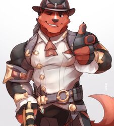  2021 5_fingers anthro arm_strap belt bottomwear buckle canid canine canis claws clothed clothing cowboy cowboy_hat eyebrows finger_gun fingerless_gloves fingers fox front_view fur gesture gloves gun hand_gesture handgun handwear hat headgear headwear hi_res holding_gun holding_object holding_ranged_weapon holding_weapon hybrid long_sleeves looking_at_viewer makowolf1 male mammal muscular muscular_anthro muscular_male one_eye_closed pants ranged_weapon shirt simple_background smile smirk solo standing topwear tuft weapon white_background wink wolf 