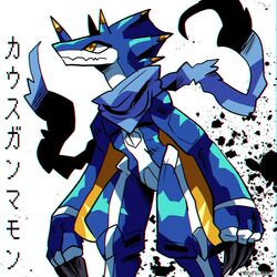  1:1 anthro bandai_namco blue_body claws digimon digimon_(species) digimon_ghost_game hi_res horn japanese_text kausgammamon male murasakigezi scarf solo text yellow_eyes 