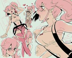  ... 3girls aina_ardebit closed_eyes commentary_request cone_hair_bun crop_top gloves goggles hair_bun heris_ardebit hug hug_from_behind lab_coat long_hair lucia_fex midriff multiple_girls open_mouth pink_hair promare short_hair short_shorts shorts siblings side_ponytail sisters smile souno_kazuki suspenders thighhighs 