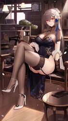  alexiel_(pixiv6211566) azur_lane bag black_dress blush book bookshelf breasts brown_gloves brown_hair brown_thighhighs ceiling_light china_dress chinese_clothes cleavage closed_mouth collarbone couch crossed_legs dress female flower full_body garter_straps gloves hair_flower hair_ornament hand_on_own_knee handbag high_heels highres indoors large_breasts long_hair looking_at_viewer mole mole_under_eye official_alternate_costume on_couch pelvic_curtain phonograph plant potted_plant red_eyes saint-louis_(alluring_administrator)_(azur_lane) saint-louis_(azur_lane) see-through see-through_cleavage shawl short_sleeves smile solo tassel thighhighs thighs very_long_hair white_flower white_footwear 