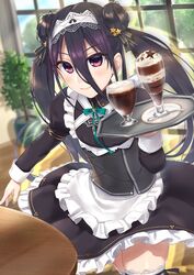  alternate_hairstyle aqua_ribbon black_dress black_hair collared_dress cup double_bun dress drinking_glass female flower_pot frills hair_between_eyes hair_bun hair_ornament hairband hand_up highres holding holding_tray indoors juliet_sleeves kurofuti lace-trimmed_hairband lace_trim long_hair long_sleeves looking_ahead maid official_alternate_costume plant puffy_sleeves purple_eyes ribbon shichiseiken_(tenka_hyakken) solo star_(symbol) star_hair_ornament table tenka_hyakken tray twintails upper_body very_long_hair white_wrist_cuffs wrist_cuffs 