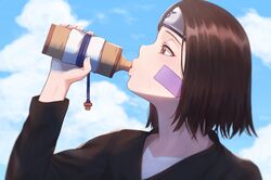  absurdres bad_id bad_pixiv_id blue_sky blurry brown_eyes brown_hair cloud cloudy_sky collarbone commentary_request day drinking female forehead_protector from_side hand_up highres holding long_sleeves mil_k_vanilla naruto_(series) naruto_shippuuden nohara_rin parted_bangs short_hair sky solo sweat upper_body 