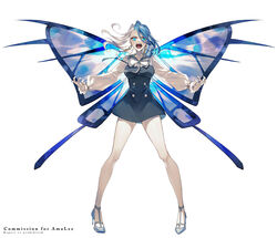  angry bare_legs blue_eyes blue_hair blue_nails breasts butterfly_wings commission dress earrings female floating_hair full_body gold_earrings high_heels indie_virtual_youtuber insect_wings jewelry large_wings legs_apart long_sleeves looking_at_viewer medium_breasts monarch_(amalee) multicolored_hair neck_ribbon open_mouth outstretched_arms puffy_sleeves ribbon short_dress simple_background solo split-color_hair standing straight-on thighs two-tone_hair v-shaped_eyebrows virtual_youtuber watermark white_background white_hair wings yu_pa_u 