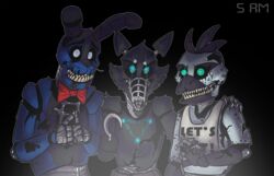  2015 animatronic anthro arm_tuft avian black_background black_body blue_body canid clothing digital_media_(artwork) fingers five_nights_at_freddy&#039;s five_nights_at_freddy&#039;s_4 front_view grey_body group head_tuft hi_res hook hook_hand kardinaluz long_ears looking_at_viewer machine male mammal nightmare_bonnie_(fnaf) nightmare_chica_(fnaf) nightmare_foxy_(fnaf) open_mouth robot scottgames sharp_teeth shoulder_tuft simple_background species_request teeth topwear torn_body trio tuft white_clothing white_topwear 