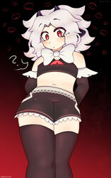  1boy 2023 ? anthro bare_shoulders bow femboy girly horn hourglass_figure humanized lamb_(nebulilac) male midriff midriff_baring_shirt navel nebulilac original red_eyes shorts thighhighs white_hair 