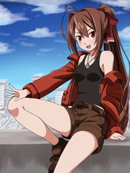  :d ahoge belt black_tank_top blush bow brown_footwear brown_shorts commentary_request dog_tags female hairbow highres huge_ahoge jacket khnchak off_shoulder open_mouth original ponytail red_bow red_eyes red_jacket shoes shorts sitting smile solo tank_top 