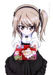  absurdres bandages black_bow black_hairband black_ribbon black_skirt blush boko_(girls_und_panzer) bow bowtie box brown_eyes brown_hair copyright_name dress_shirt female gift gift_box girls_und_panzer hair_between_eyes hair_ribbon hairband highres incoming_gift light_brown_hair long_hair looking_at_viewer official_art one_side_up page_number ribbon shimada_arisu shirt simple_background skirt smile solo standing suspender_skirt suspenders valentine white_background white_shirt yoshida_nobuyoshi 