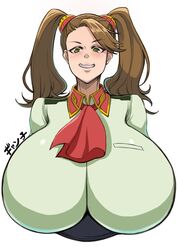  artist_request blush breasts brown_hair female female gundam gundam_build_fighters gundam_build_fighters_try hair_ornament huge_breasts long_hair looking_at_viewer sazaki_kaoruko solo twintails uniform 