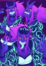  backlighting black_sclera blue_tongue bodypaint choker claws clothed clothing demon fangs group gutter_tongue hair horn jewelry kda light lighting looking_at_viewer necklace pink_hair purple_body purple_skin teeth tongue tongue_out yellow_eyes 