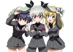  3girls :d absurdres anchovy_(girls_und_panzer) anzio_military_uniform armband belt black_bow black_shirt blonde_hair blue_hair blush bow braid brown_eyes carpaccio_(girls_und_panzer) cowboy_shot crossed_arms dress_shirt drill_hair girl_sandwich girls_und_panzer green_eyes grey_hair grey_jacket grey_pants grey_skirt grin hair_between_eyes hairbow highres holding_another&#039;s_hair jacket leaning_forward long_hair looking_at_viewer military military_uniform miniskirt multiple_girls official_art open_mouth pants pepperoni_(girls_und_panzer) red_eyes sandwiched shirt short_hair_with_long_locks sidelocks simple_background single_braid skirt smile standing twin_drills twintails uniform w white_background yoshida_nobuyoshi 