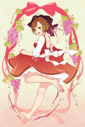  :d backless_dress backless_outfit barefoot breasts brown_hair commentary_request dress feet female food fruit full_body gradient_background grape_stomping grapes green_background green_eyes hair_ornament highres large_breasts leg_up long_sleeves looking_at_viewer meiko_(vocaloid) open_mouth red_dress red_ribbon ribbon sasanoneko short_hair sideboob smile soles solo standing standing_on_one_leg toes vocaloid white_ribbon 