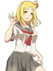  :d blush commentary_request female green_eyes grey_skirt hair_rings khnchak love_live! love_live!_sunshine!! ohara_mari ok_sign open_mouth pleated_skirt school_uniform serafuku simple_background skirt smile uranohoshi_school_uniform white_background 