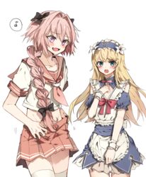  1boy 1other :o androgynous apron aqua_eyes astolfo_(fate) astolfo_(sailor_paladin)_(fate) black_bow blonde_hair blue_dress blush bow braid chevalier_d&#039;eon_(fate) chevalier_d&#039;eon_(maid_knight)_(fate) chibirisu clenched_hand clothing_cutout collarbone commentary_request cowboy_shot detached_collar dress eighth_note fate/apocrypha fate/grand_order fate_(series) flower frilled_apron frilled_dress frills hair_flower hair_intakes hair_ornament hairband hairbow highres lily_(flower) long_hair looking_at_viewer looking_away maid_apron maid_headdress male_focus miniskirt musical_note neckerchief oerba_yun_fang official_alternate_costume open_mouth otoko_no_ko pink_bow pink_hair pink_neckerchief pink_skirt pleated_skirt puffy_short_sleeves puffy_sleeves purple_eyes sailor_collar school_uniform serafuku shirt short_sleeves shoulder_cutout skirt speech_bubble spoken_musical_note swept_bangs teeth thighhighs undressing upper_teeth_only v-shaped_eyebrows waist_apron white_apron white_background white_legwear white_shirt wrist_cuffs 