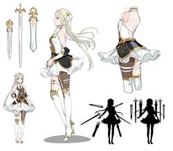  backless_dress backless_outfit blonde_hair braid braided_bangs concept_art dress epic_seven female flower full_body garter_straps hair_flower hair_ornament iseria_(epic_seven) long_hair multiple_views official_art pointy_ears profile shoes silhouette skirt standing sword weapon white_footwear white_legwear white_skirt 