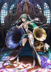  ;o bare_shoulders black_thighhighs blue_eyes breasts commentary_request dress female full_body green_hair hatsune_miku highres holding holding_microphone indoors instrument jewelry light_rays long_hair looking_at_viewer medium_breasts microphone microphone_stand necklace one_eye_closed organ_(instrument) phonograph photoshop_(medium) pipe_organ pointing solo standing thighhighs twintails vocaloid window yumemizuki 