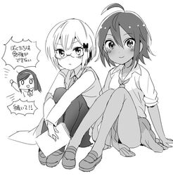  3girls :t ahoge arm_support blush bokutachi_wa_benkyou_ga_dekinai bow clothes_around_waist commentary_request dark-skinned_female dark_skin furuhashi_fumino glasses greyscale hairband hairbow jacket jacket_around_waist kuma_jet long_sleeves looking_at_viewer monochrome multiple_girls necktie ogata_rizu pantyhose school_uniform short_hair simple_background smile takemoto_uruka translation_request v-shaped_eyebrows white_background 