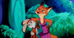  anthro canid canine clasped_hands clothed clothing crossdressing crossover dipstick_ears disney disney&#039;s_hercules duo ear_markings female fox fur green_eyes head_tilt hercules hercules_(disney) judy_hopps lagomorph leporid male mammal megara multicolored_ears nick_wilde plant purple_eyes rabbit signature trashasaurusrex zootopia 