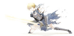  armor armored_boots artoria_pendragon_(fate) blonde_hair blue_dress blue_ribbon boots chinese_commentary commentary_request dress excalibur_(fate/stay_night) fate/stay_night fate_(series) female from_side full_body hair_between_eyes hair_ribbon highres holding holding_sword holding_weapon muike on_one_knee photoshop_(medium) ribbon saber_(fate) short_hair simple_background solo sword torn_clothes torn_dress weapon white_background 