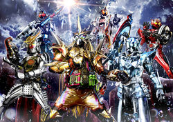  6+boys armor axe battle belt breastplate cape car commentary_request compound_eyes crossover eyecon feathers full_armor gamer_driver gold_armor helmet highres holding holding_axe holding_sword holding_weapon horns jacket jewelry kamen_rider kamen_rider_double_(cyclonejokerxtreme) kamen_rider_drive kamen_rider_drive_(series) kamen_rider_drive_(type_tridoron) kamen_rider_ex-aid kamen_rider_ex-aid_(hyper_muteki) kamen_rider_ex-aid_(series) kamen_rider_fourze kamen_rider_fourze_(cosmic_states) kamen_rider_fourze_(series) kamen_rider_gaim kamen_rider_gaim_(kiwami_arms) kamen_rider_gaim_(series) kamen_rider_ghost kamen_rider_ghost_(mugen_damashii) kamen_rider_ghost_(series) kamen_rider_wizard kamen_rider_wizard_(series) lock_seed long_coat male_focus mask masukudo_(hamamoto_hikaru) motor_vehicle multiple_boys pauldrons red_cape rider_belt rider_gashat ring rocket shift_car shoulder_armor shoulder_pads single_horn sky sword tailcoat tire tokusatsu type_tridoron weapon 