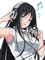  :d armpits beamed_eighth_notes black_hair blue_eyes blush breasts commentary_request eighth_note female hair_ribbon headphones khnchak large_breasts long_hair musical_note open_mouth original ribbon simple_background smile solo white_background white_ribbon 