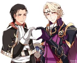  2boys androgynous bad_id bad_twitter_id black_hair blonde_hair blue_hair cape embarrassed fire_emblem fire_emblem:_thracia_776 fire_emblem_fates fire_emblem_heroes fudanshi gloves heart heart_hands heart_hands_duo kiran_(fire_emblem) looking_at_viewer male_focus multiple_boys reinhardt_(fire_emblem) shipping_(fandom) simple_background wani_(fadgrith) white_background xander_(fire_emblem) 
