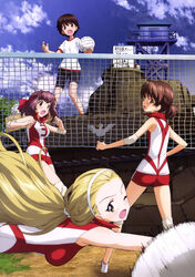  4girls absurdres ass bike_shorts blonde_hair breasts brown_eyes brown_hair bulletin_board cloud day dirt diving elbow_pads girls_und_panzer grey_eyes gym_uniform hair_ribbon hairband highres isobe_noriko kawanishi_shinobu knee_pads kondou_taeko looking_back medium_breasts military military_vehicle motion_lines motor_vehicle multiple_girls official_art one_eye_closed open_mouth outdoors ponytail ribbon rivets sasaki_akebi shirt short_hair shorts sideboob sky sportswear standing t-shirt tank tank_turret tower tree type_89_i-gou volleyball volleyball_net volleyball_uniform watchtower white_shirt 