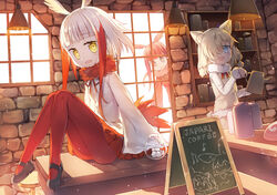  3girls :d :o alpaca_ears alpaca_suri_(kemono_friends) alpaca_tail animal_ears arm_support beamed_eighth_notes bird_tail bird_wings blonde_hair blue_eyes blunt_bangs brick_wall chalkboard commentary_request common_raccoon_(kemono_friends) dot_nose drawstring dutch_angle eighth_note eyelashes fennec_(kemono_friends) food fred04142 frilled_sleeves frills full_body fur-trimmed_sleeves fur-trimmed_vest fur_collar fur_trim gradient_ribbon hair_over_one_eye hair_ribbon head_wings holding holding_teapot horizontal_pupils indoors japanese_crested_ibis_(kemono_friends) japari_bun kemono_friends kettle lamp light_particles long_sleeves looking_outside low_twintails mary_janes multicolored_hair multicolored_ribbon multiple_girls musical_note neck_ribbon open_mouth orange_ribbon pantyhose photoshop_(medium) pink_ribbon pleated_skirt red_hair red_pantyhose red_shirt red_skirt ribbon scarlet_ibis_(kemono_friends) shelf shirt shoes short_hair short_hair_with_long_locks shorts sidelocks sitting sitting_on_table skirt smile standing stone_floor sugar_cube table tail teapot tress_ribbon twintails two-tone_hair v-shaped_eyebrows vest white_shirt white_shorts white_vest wide_sleeves window wings yellow_eyes 