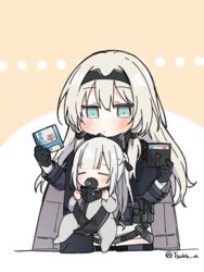  2girls aged_down ak-12_(girls&#039;_frontline) an-94_(girls&#039;_frontline) baby babywearing bad_id bad_twitter_id blue_eyes blush closed_eyes commentary_request floppy_disk girls&#039;_frontline gloves grey_hair harness korean_commentary mouth_guard multiple_girls pacifier tsuka twitter_username 