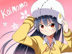  adjusting_clothes adjusting_headwear blush commentary_request copyright_name female gradient_background hat khnchak koimomo long_hair looking_at_viewer pink_background red_eyes sakagami_minami school_uniform solo 