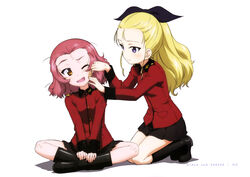  2girls ;d absurdres assam_(girls_und_panzer) bandaid bandaid_on_face black_bow black_footwear black_skirt blonde_hair blue_eyes bow brown_eyes bruise copyright_name girls_und_panzer hairbow head_tilt highres indian_style injury jacket kneehighs kneeling loafers long_hair miniskirt multiple_girls official_art one_eye_closed open_mouth page_number pleated_skirt ponytail red_hair red_jacket rosehip_(girls_und_panzer) shoes simple_background sitting skirt smile socks st._gloriana&#039;s_military_uniform white_background yoshida_nobuyoshi 